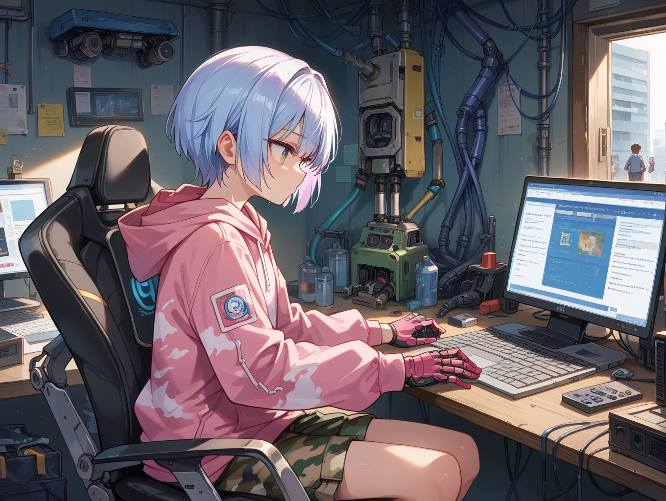 13820-1474307489-score_9, score_8_up, score_7_up,source_anime,BREAK,_android, mechanical arms, short hair, pink hoodie, hood down, camouflage, dr.png
